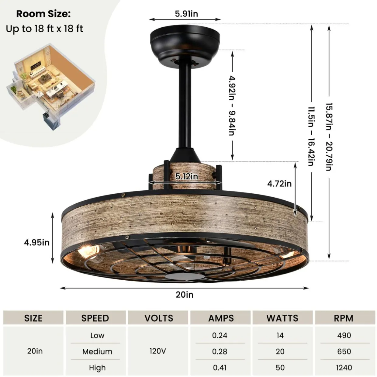 Tangkula 20" Caged Ceiling Fan with Light, Enclosed Ceiling Fan