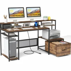 Tangkula 67" Computer Desk with Monitor Stand & File Drawer, Large Home Office Desk with Power Outlets & USB Ports