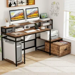 Tangkula 67" Computer Desk with Monitor Stand & File Drawer, Large Home Office Desk with Power Outlets & USB Ports