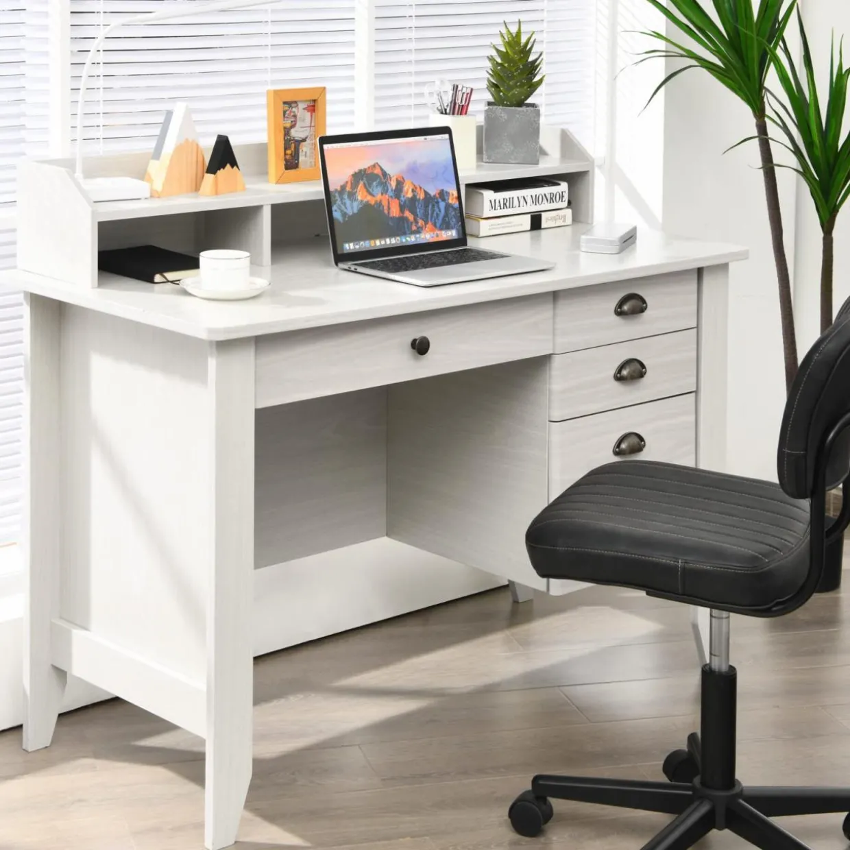 Tangkula 48" Computer Desk with 4 Storage Drawers & Hutch, Home Office Desk Vintage Desk