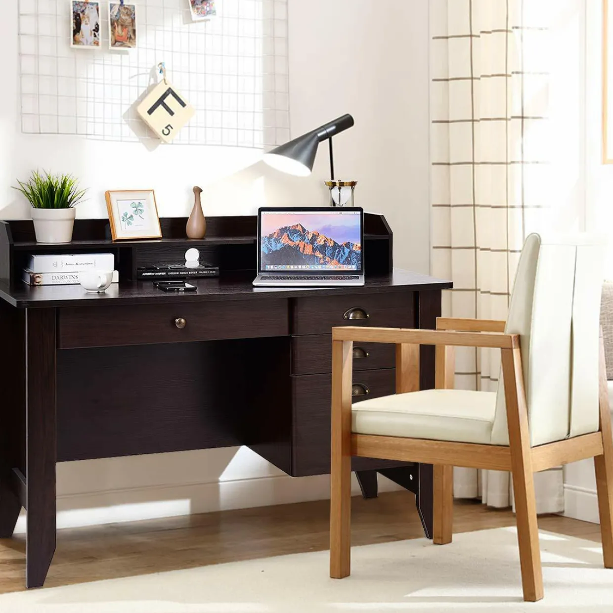 Tangkula 48" Computer Desk with 4 Storage Drawers & Hutch, Home Office Desk Vintage Desk