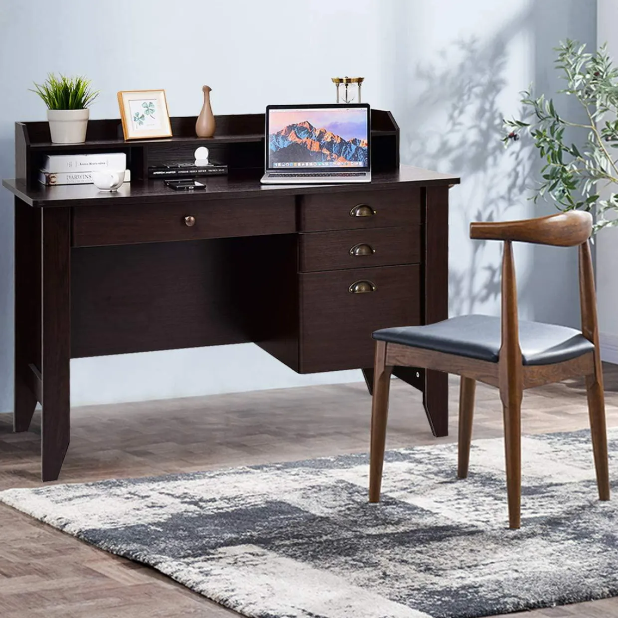 Tangkula 48" Computer Desk with 4 Storage Drawers & Hutch, Home Office Desk Vintage Desk