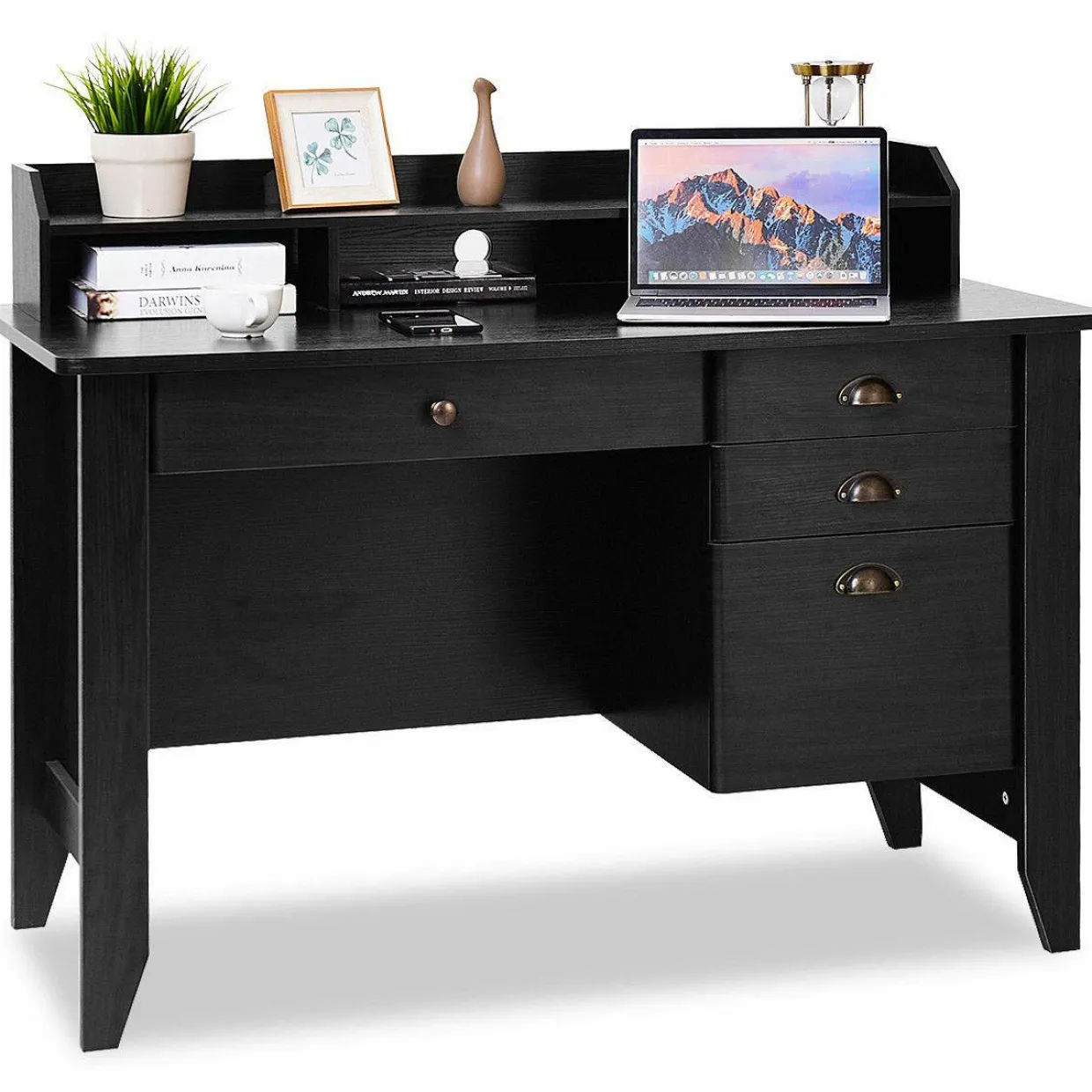 Tangkula 48" Computer Desk with 4 Storage Drawers & Hutch, Home Office Desk Vintage Desk