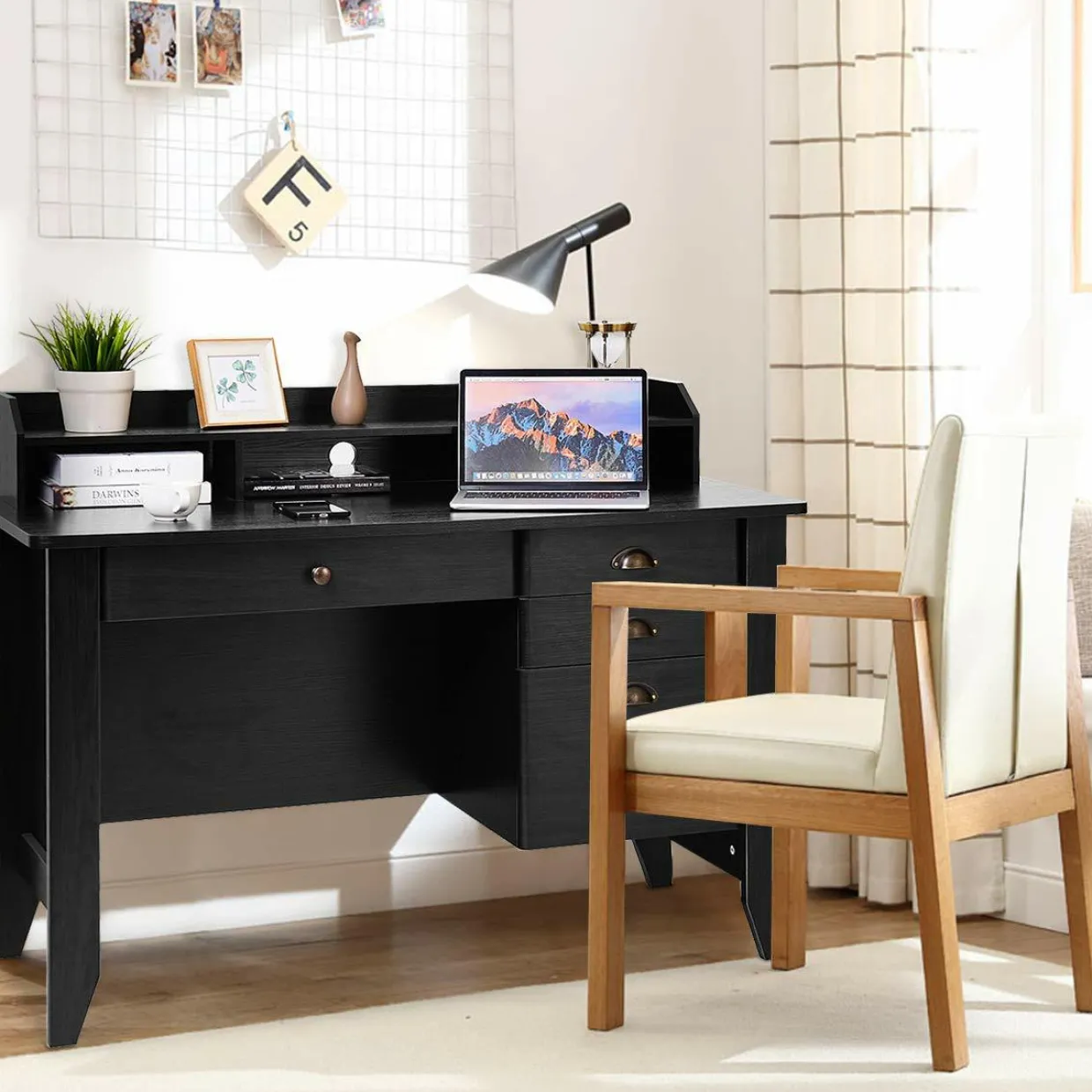 Tangkula 48" Computer Desk with 4 Storage Drawers & Hutch, Home Office Desk Vintage Desk