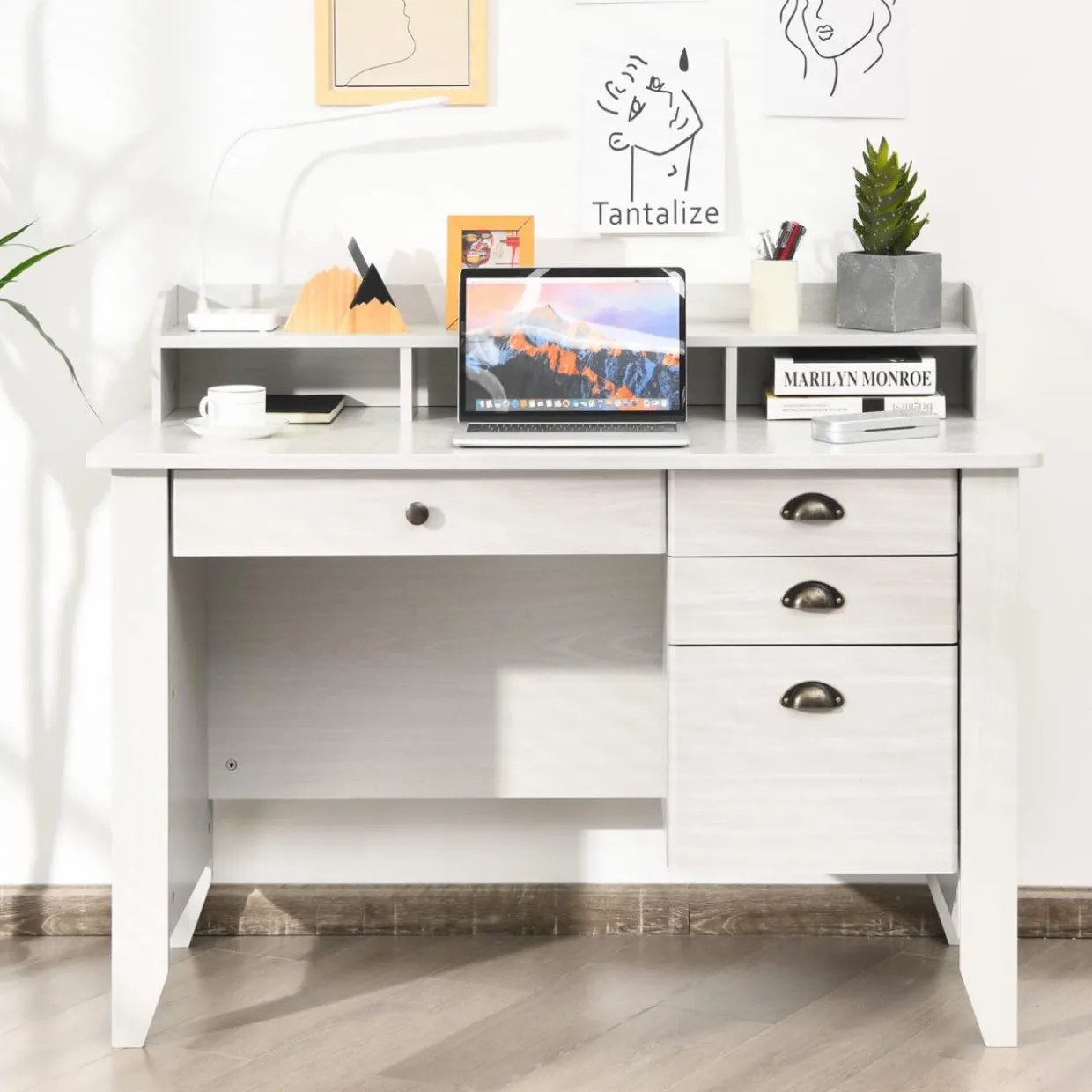 Tangkula 48" Computer Desk with 4 Storage Drawers & Hutch, Home Office Desk Vintage Desk