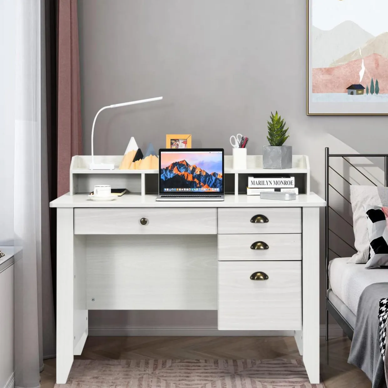 Tangkula 48" Computer Desk with 4 Storage Drawers & Hutch, Home Office Desk Vintage Desk