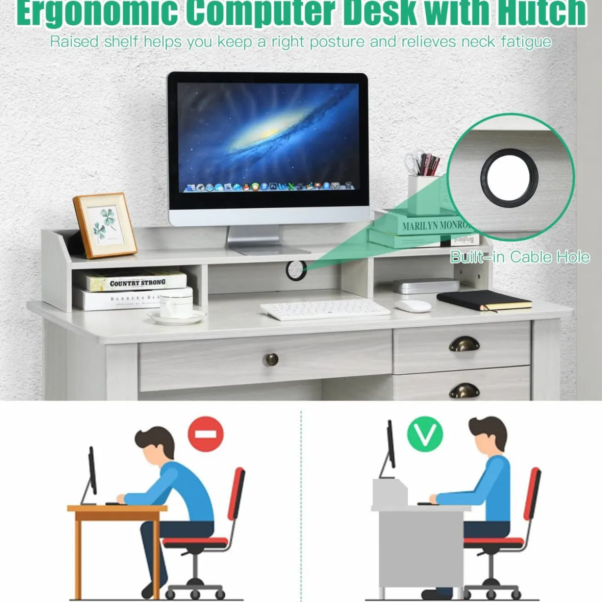 Tangkula 48" Computer Desk with 4 Storage Drawers & Hutch, Home Office Desk Vintage Desk