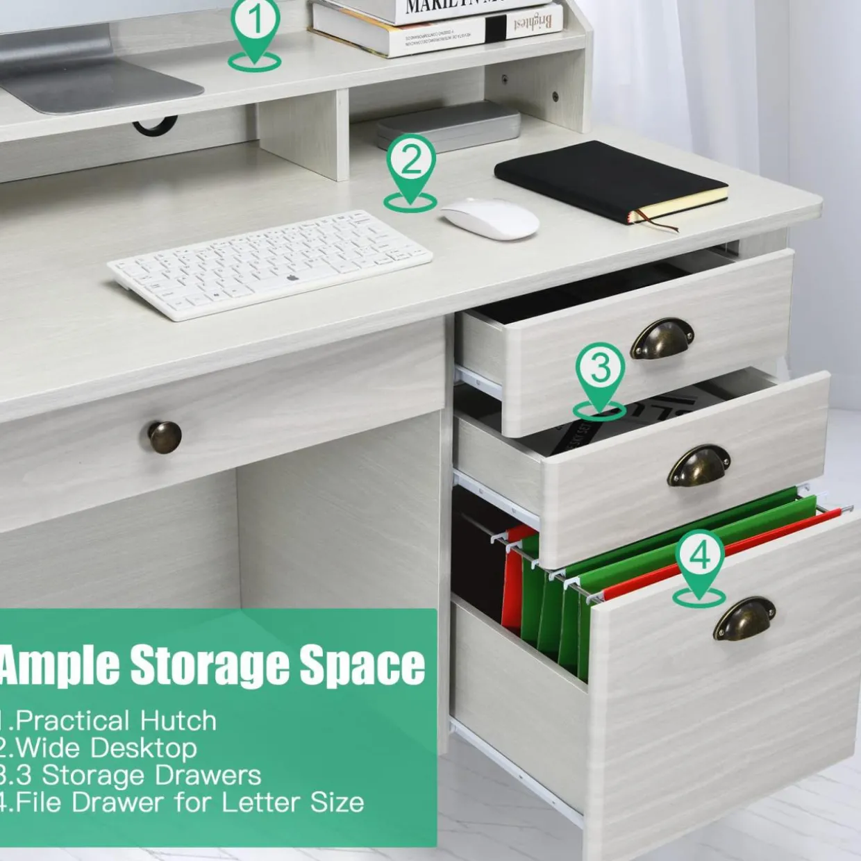 Tangkula 48" Computer Desk with 4 Storage Drawers & Hutch, Home Office Desk Vintage Desk