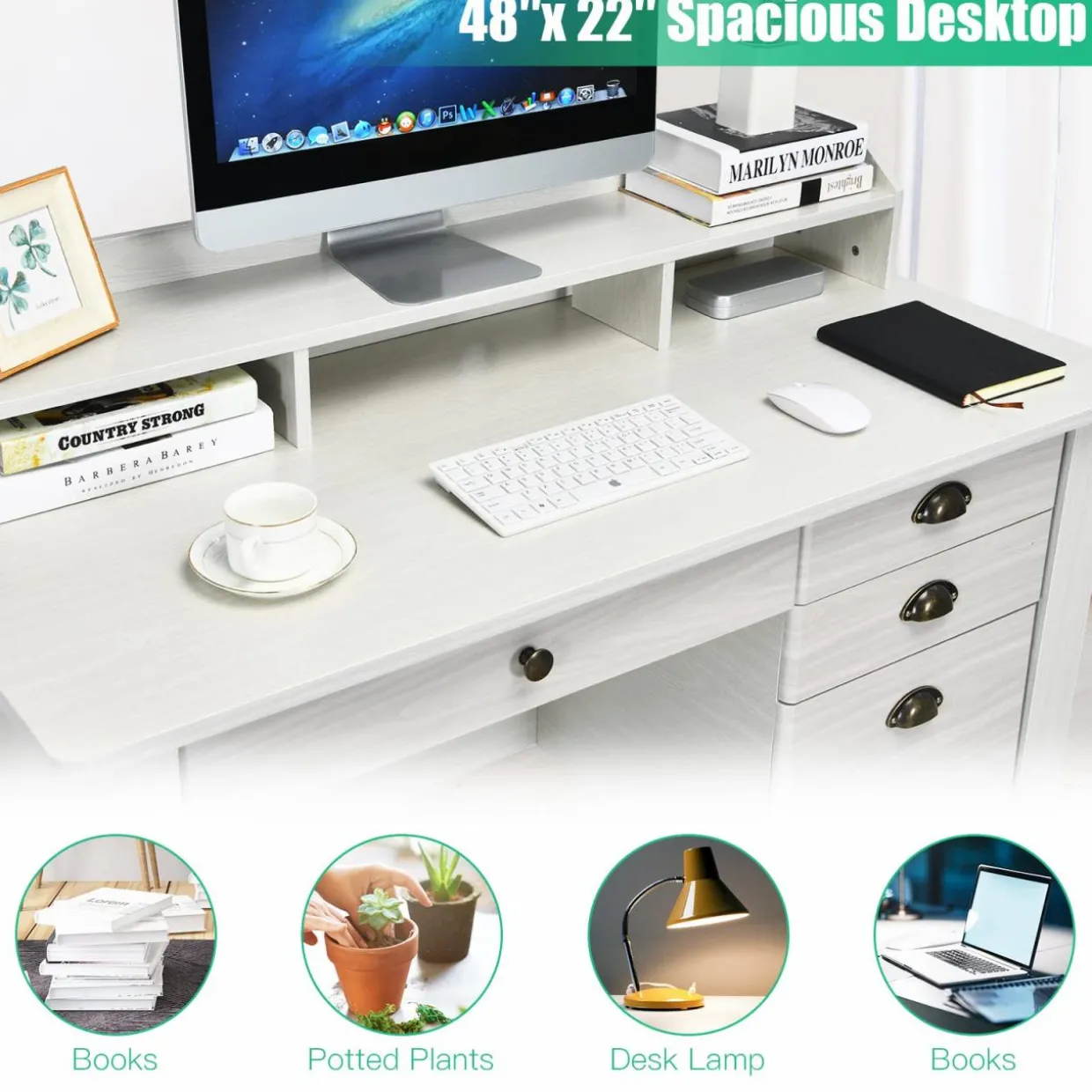 Tangkula 48" Computer Desk with 4 Storage Drawers & Hutch, Home Office Desk Vintage Desk
