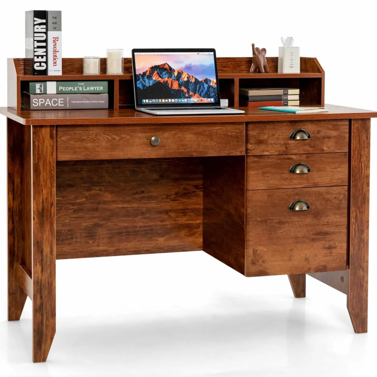Tangkula 48" Computer Desk with 4 Storage Drawers & Hutch, Home Office Desk Vintage Desk