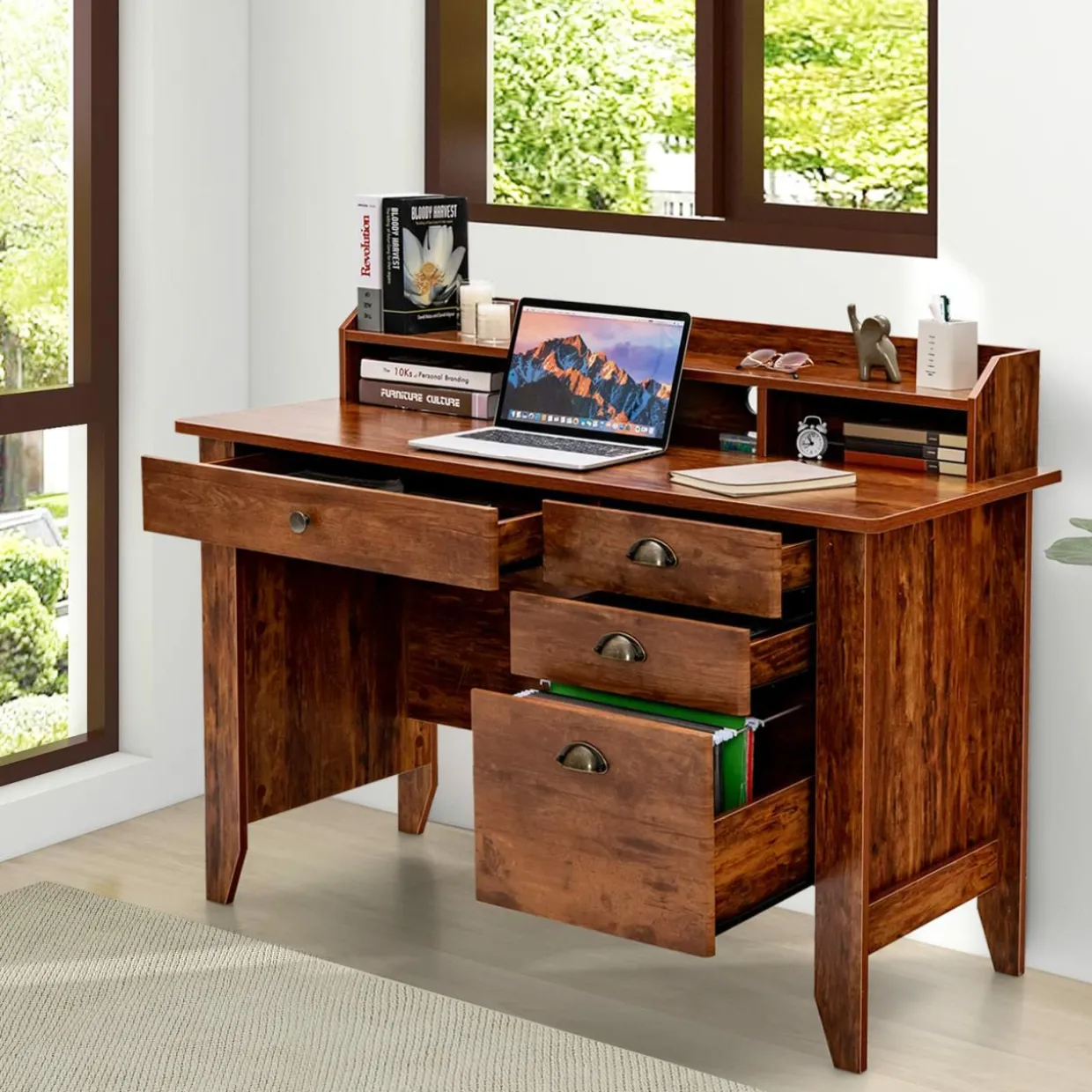 Tangkula 48" Computer Desk with 4 Storage Drawers & Hutch, Home Office Desk Vintage Desk