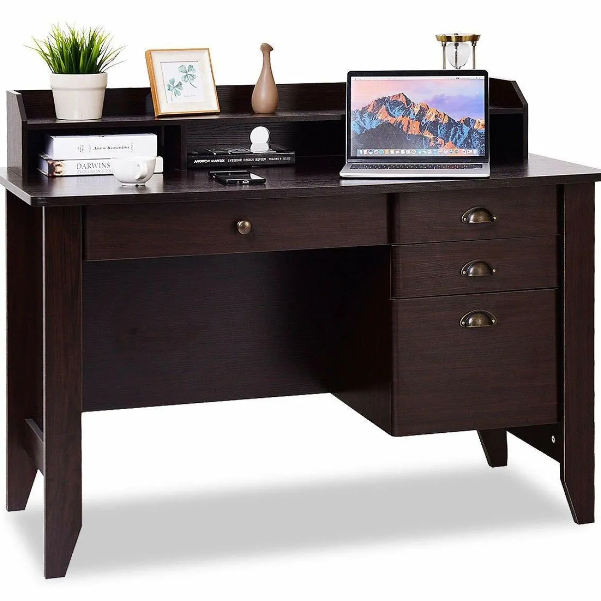 Tangkula 48" Computer Desk with 4 Storage Drawers & Hutch, Home Office Desk Vintage Desk