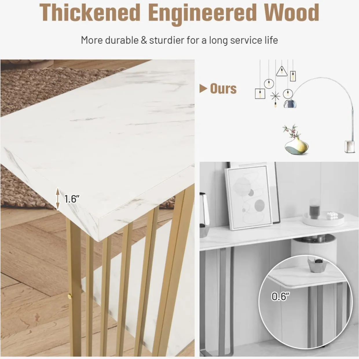 Tangkula 48" Console Table, White Faux Marble Entryway Table with Gold Finished Frame