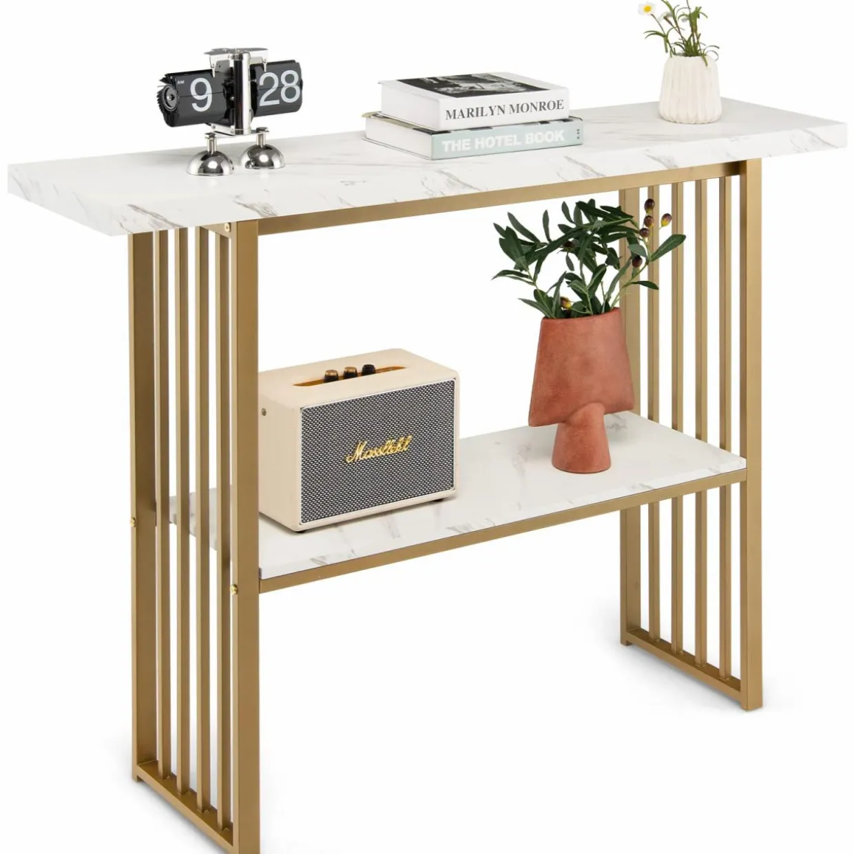 Tangkula 48" Console Table, White Faux Marble Entryway Table with Gold Finished Frame