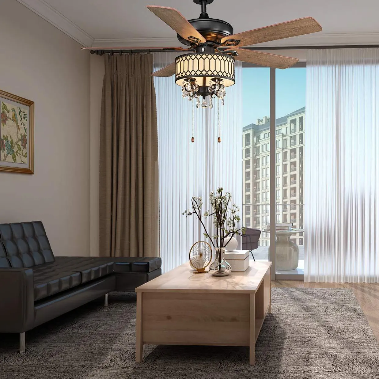Tangkula 52" Crystal Ceiling Fan with Lights, Classical Crystal Ceiling Fan with Pull Chain Control