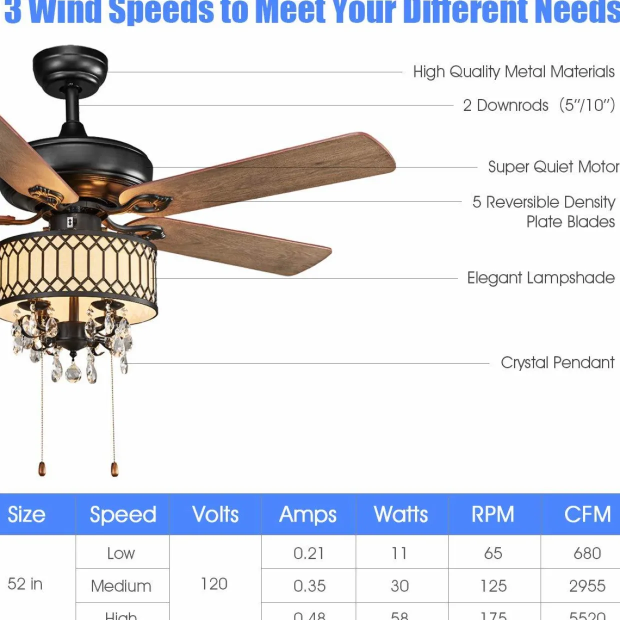 Tangkula 52" Crystal Ceiling Fan with Lights, Classical Crystal Ceiling Fan with Pull Chain Control