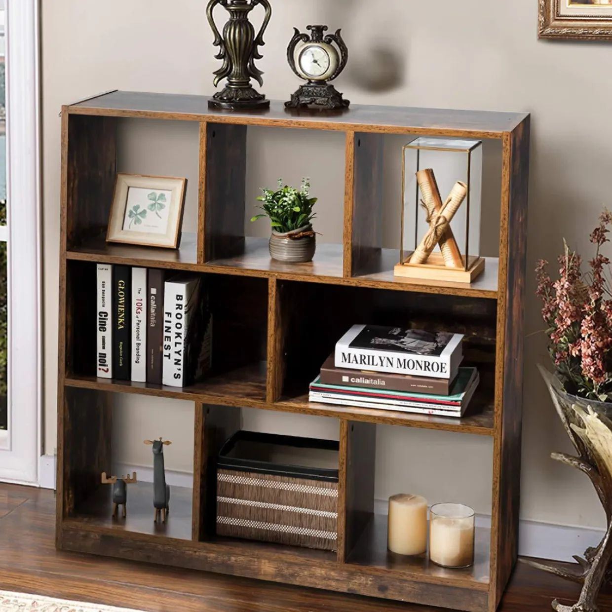 Tangkula 8 Cubes Industrial Wooden Bookcase, Freestanding Bookshelf with Open Shelves