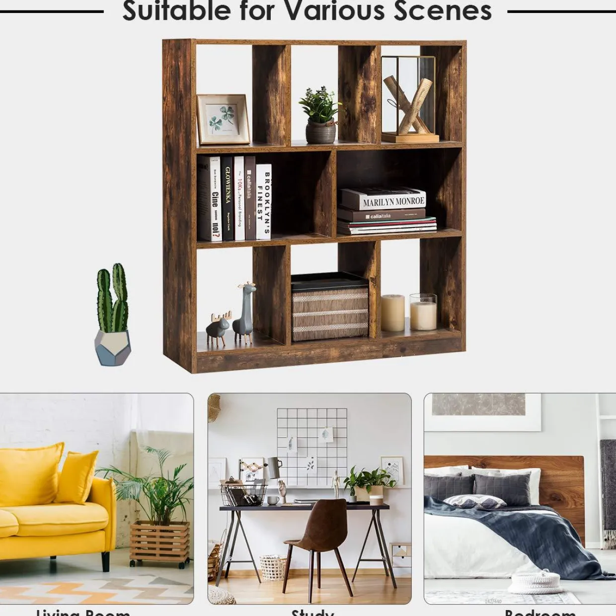 Tangkula 8 Cubes Industrial Wooden Bookcase, Freestanding Bookshelf with Open Shelves