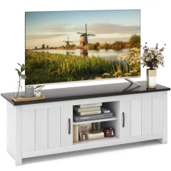 Tangkula 2 Doors TV Stand for TVs up to 65", 57" TV Console Table with 2 Cabinets & Open Shelves