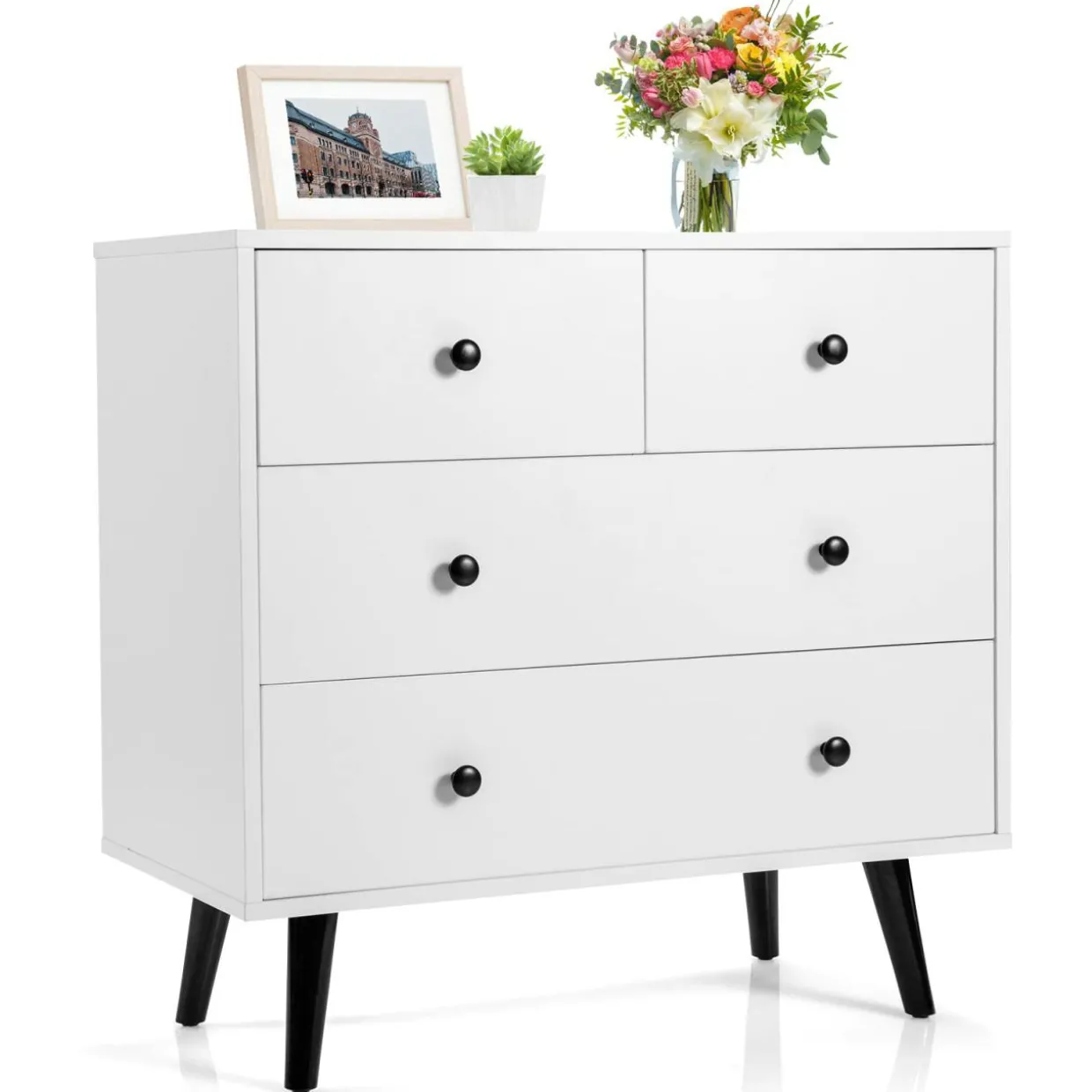Tangkula 4 Drawer Dresser, Freestanding Storage Cabinet with Legs & Metal Handles, Modern Storage Drawer for Bedroom, Nursery Room (White)
