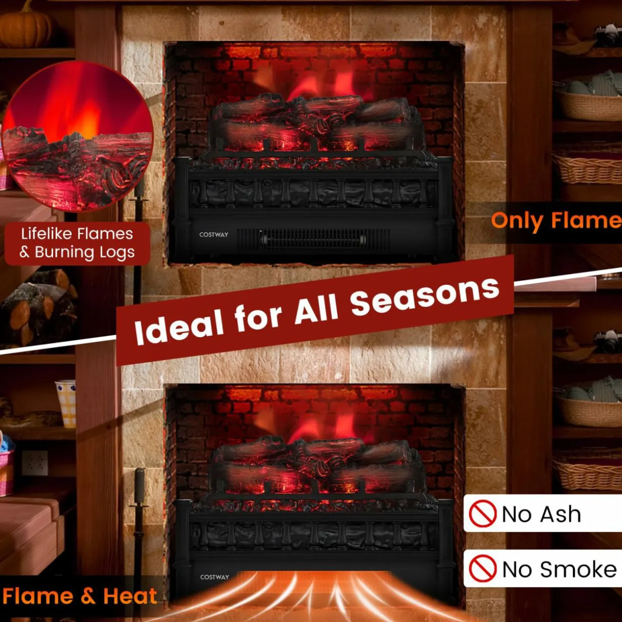 Tangkula 20" Electric Fireplace Log Set Heater with Adjustable Temp