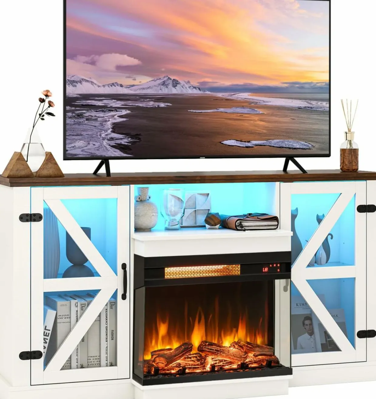 Tangkula 58” Fireplace TV Stand with 23” 3-Side Glass Electric Fireplace