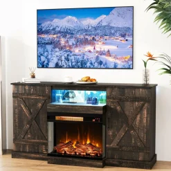 Tangkula 58” Fireplace TV Stand with 23” 3-Side Glass Electric Fireplace