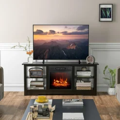 Tangkula 58” Fireplace TV Stand, Home Entertainment Center with 18” 1400W Electric Fireplace