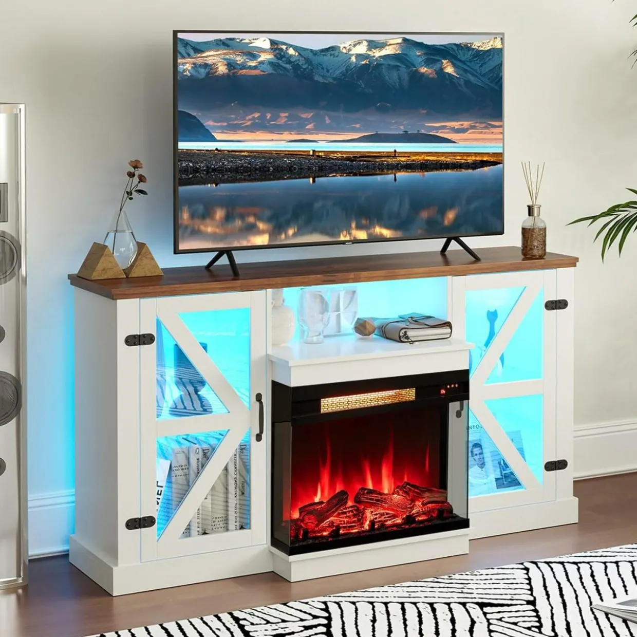 Tangkula 58” Fireplace TV Stand with 23” 3-Side Glass Electric Fireplace