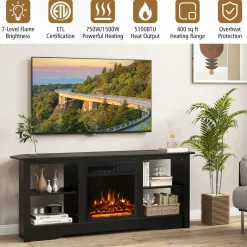 Tangkula 58” Fireplace TV Stand, Home Entertainment Center with 18” 1500W Electric Fireplace