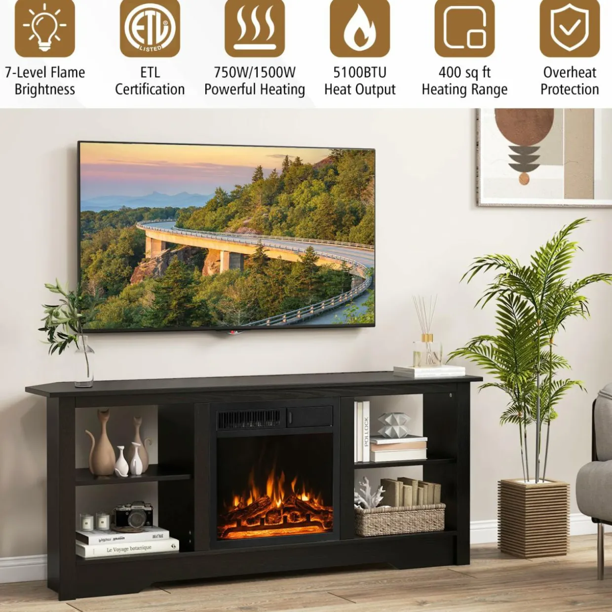 Tangkula 58” Fireplace TV Stand, Home Entertainment Center with 18” 1500W Electric Fireplace