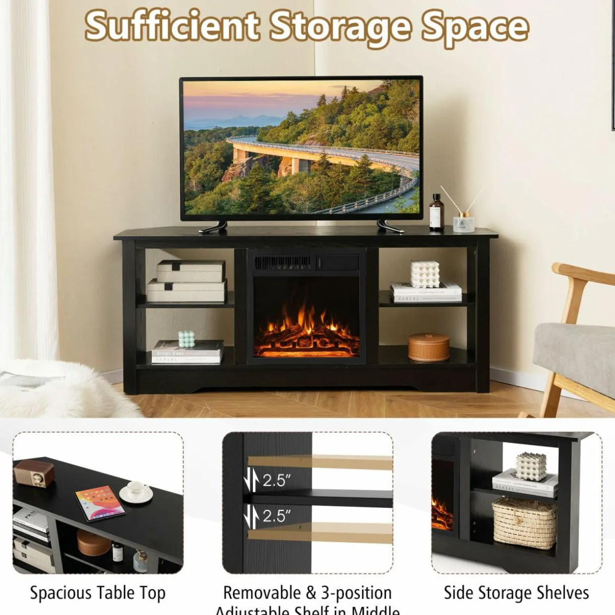 Tangkula 58” Fireplace TV Stand, Home Entertainment Center with 18” 1500W Electric Fireplace