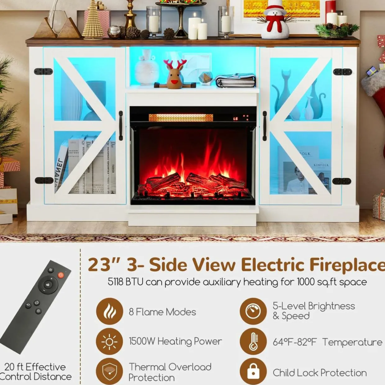 Tangkula 58” Fireplace TV Stand with 23” 3-Side Glass Electric Fireplace