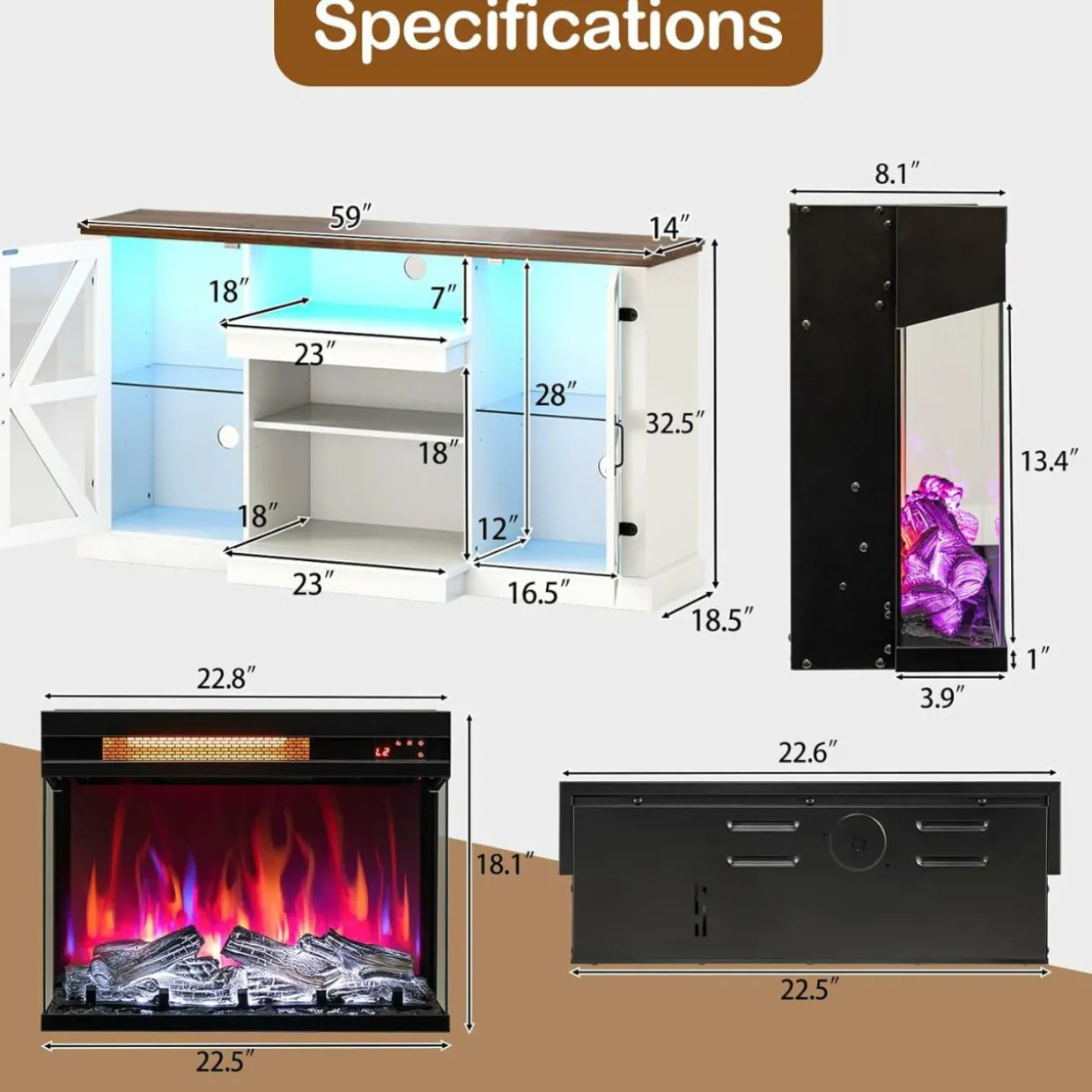 Tangkula 58” Fireplace TV Stand with 23” 3-Side Glass Electric Fireplace
