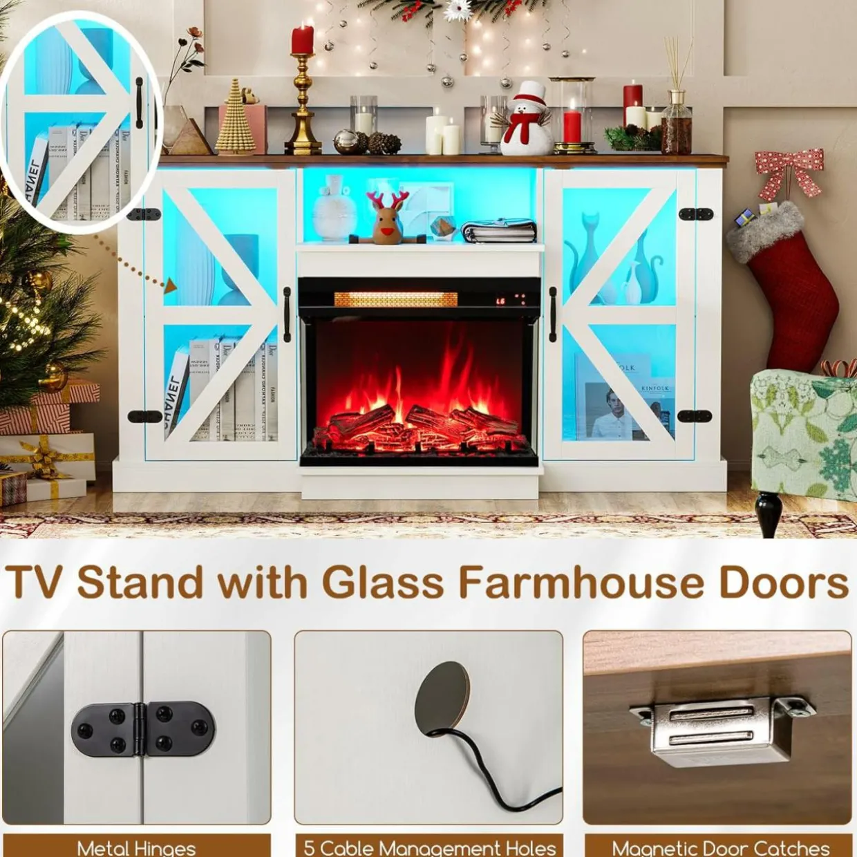 Tangkula 58” Fireplace TV Stand with 23” 3-Side Glass Electric Fireplace