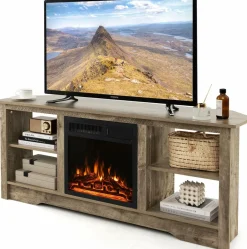 Tangkula 58” Fireplace TV Stand, Home Entertainment Center with 18” 1500W Electric Fireplace