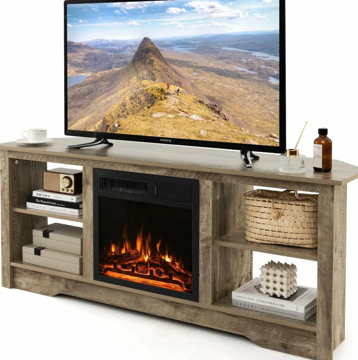 Tangkula 58” Fireplace TV Stand, Home Entertainment Center with 18” 1500W Electric Fireplace