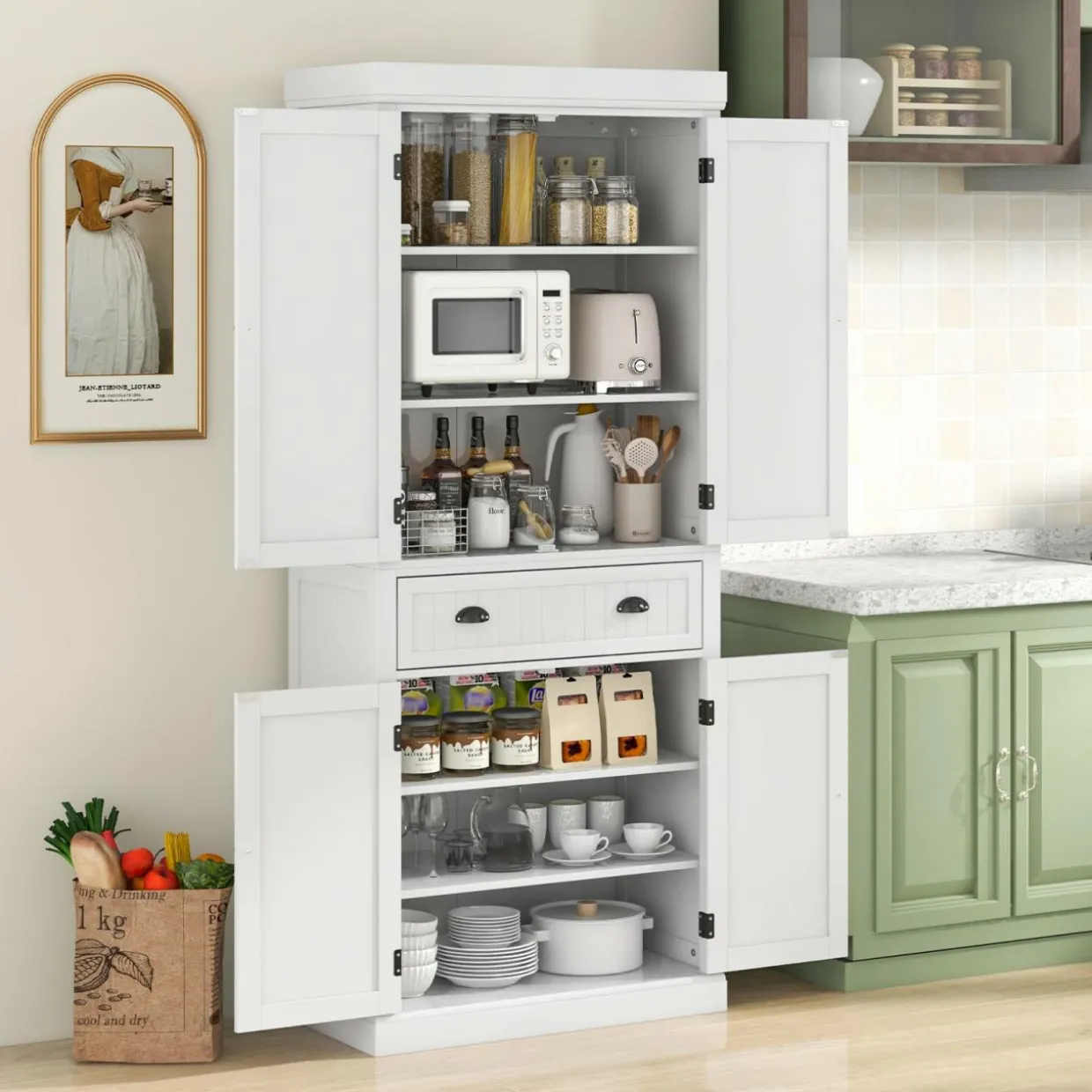Tangkula 72" Freestanding Kitchen Pantry Cupboard Cabinet, Traditional Elegant Design