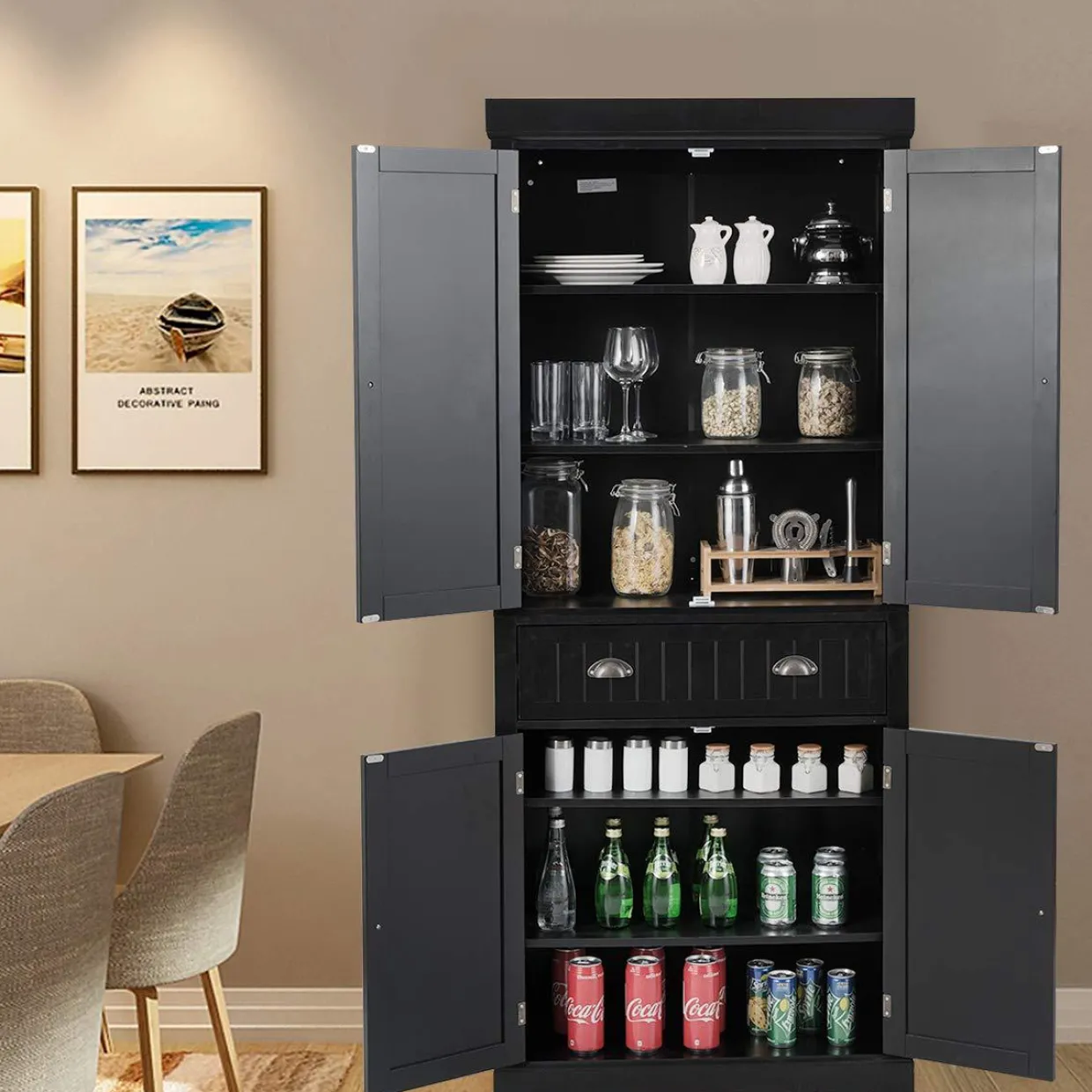 Tangkula 72" Freestanding Kitchen Pantry Cupboard Cabinet, Traditional Elegant Design