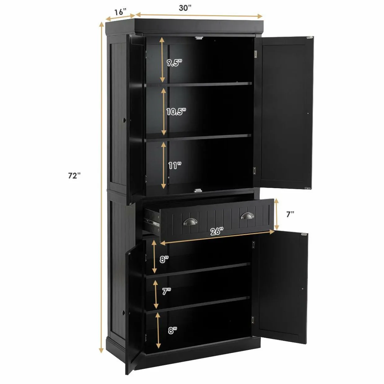Tangkula 72" Freestanding Kitchen Pantry Cupboard Cabinet, Traditional Elegant Design