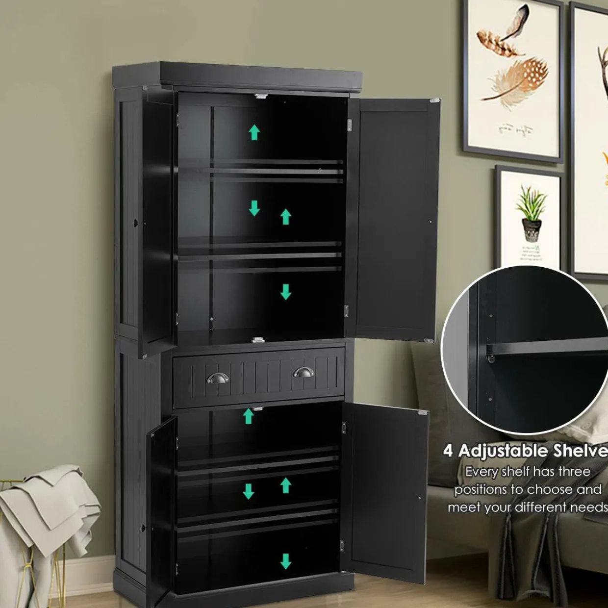 Tangkula 72" Freestanding Kitchen Pantry Cupboard Cabinet, Traditional Elegant Design