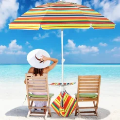 Tangkula 6.5 FT Beach Umbrella with Table, Windproof Ventilated Sunshade Shelter with Tilt Mechanism