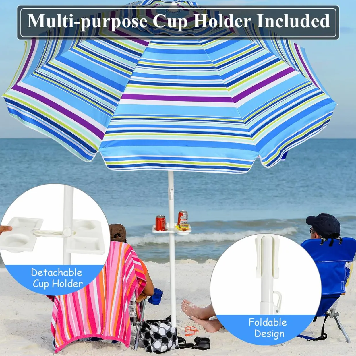 Tangkula 7.2 FT Beach Umbrella, Portable Beach Umbrella W/Sand Anchor & Tilt Mechanism, 8 Sturdy Rib & Premium Steel Pole, Carrying Bag