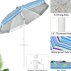 Tangkula 7.2 FT Beach Umbrella, Portable Beach Umbrella W/Sand Anchor & Tilt Mechanism, 8 Sturdy Rib & Premium Steel Pole, Carrying Bag