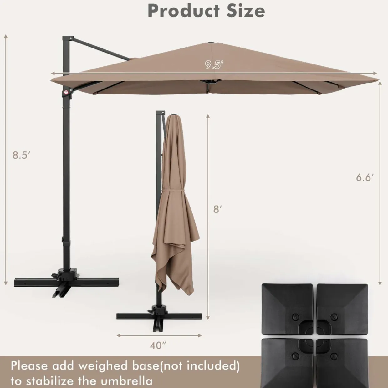 TANGKULA 9.5 FT Cantilever Patio Umbrella, Outdoor Square Offset Umbrella with 360-degree Rotation