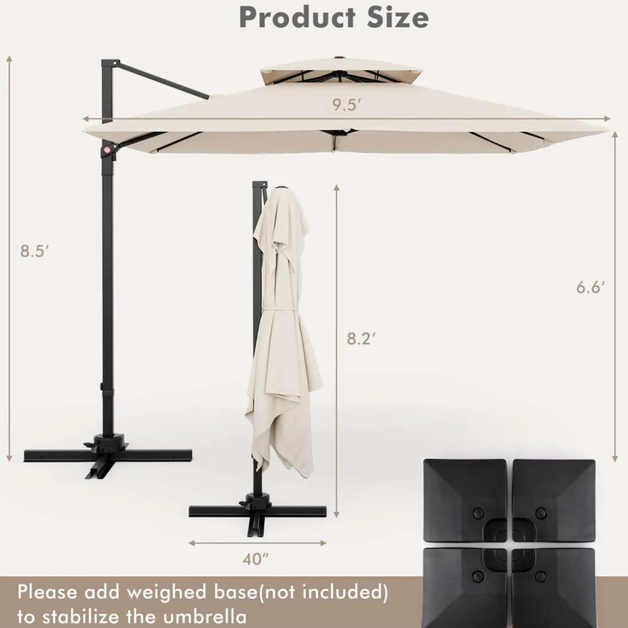 TANGKULA 9.5 FT Cantilever Patio Umbrella, Outdoor Square Offset Umbrella with 360-degree Rotation