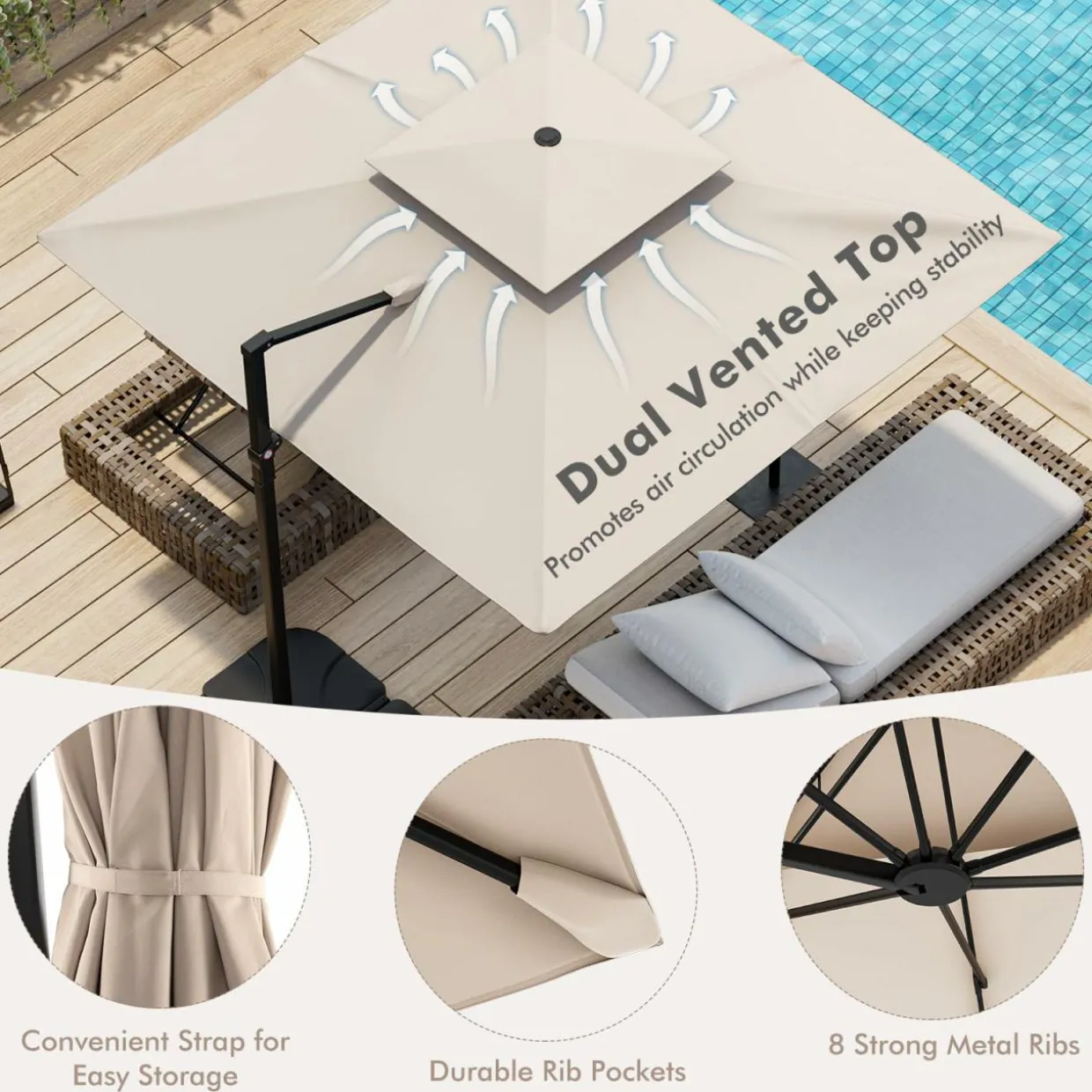 TANGKULA 9.5 FT Cantilever Patio Umbrella, Outdoor Square Offset Umbrella with 360-degree Rotation