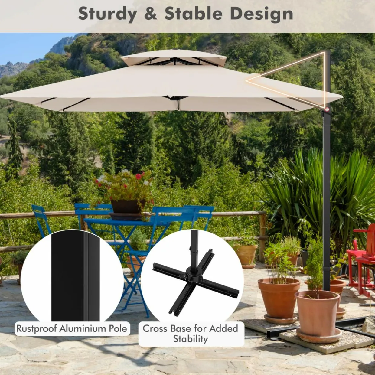 TANGKULA 9.5 FT Cantilever Patio Umbrella, Outdoor Square Offset Umbrella with 360-degree Rotation