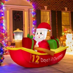 Tangkula 7 FT Christmas Inflatable Santa Claus Rowing Boat with Navigation Light