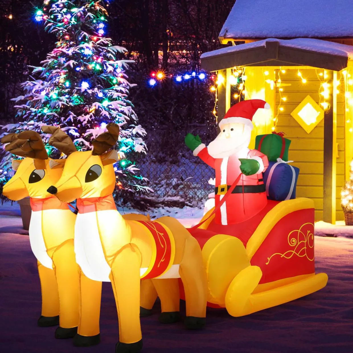 Tangkula 7.5 FT Christmas Inflatable Lighted Santa Claus on Sleigh with Reindeers & Gift Boxes